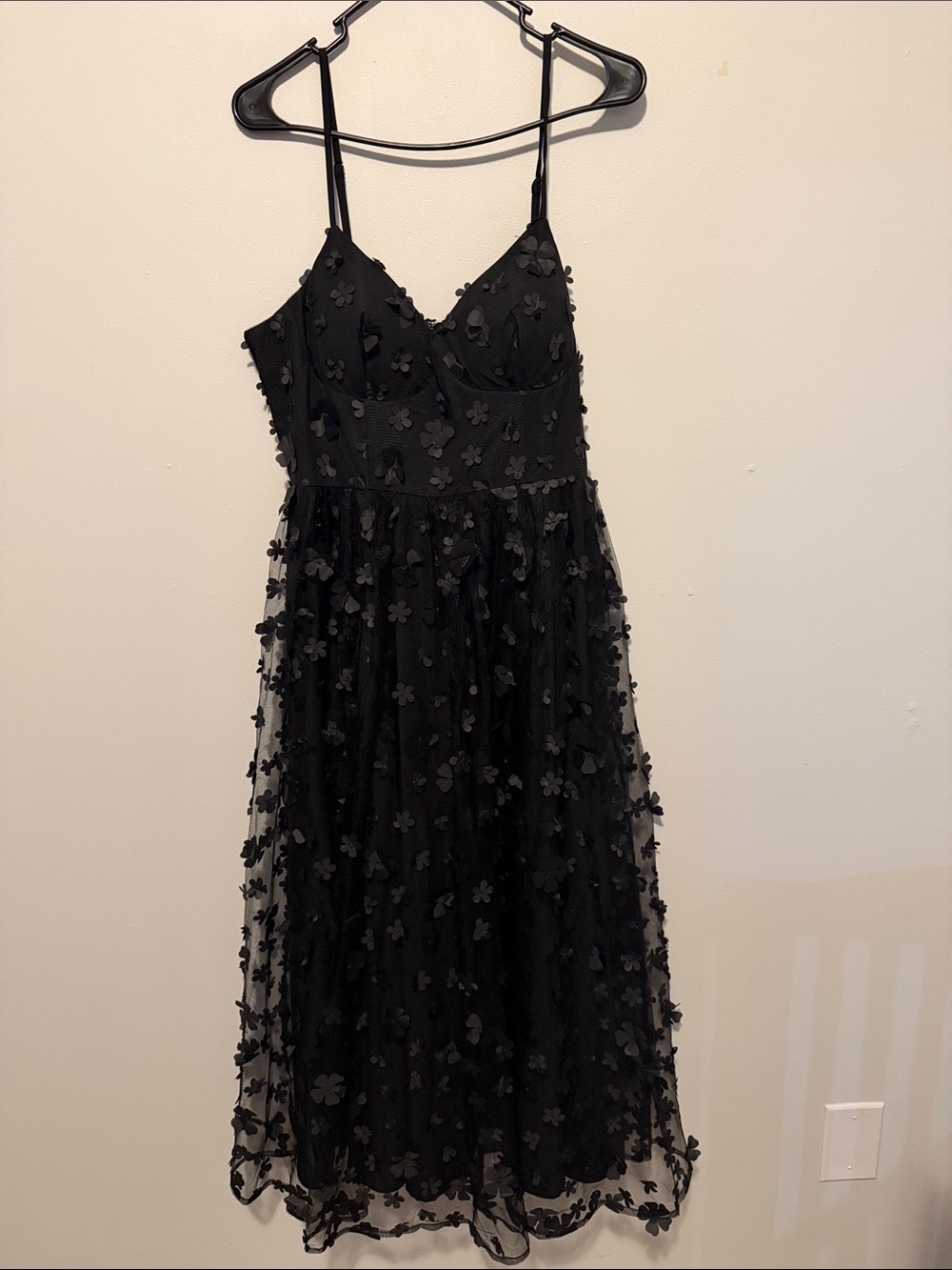 Lena Black Floral-Appliqué Midi Dress
